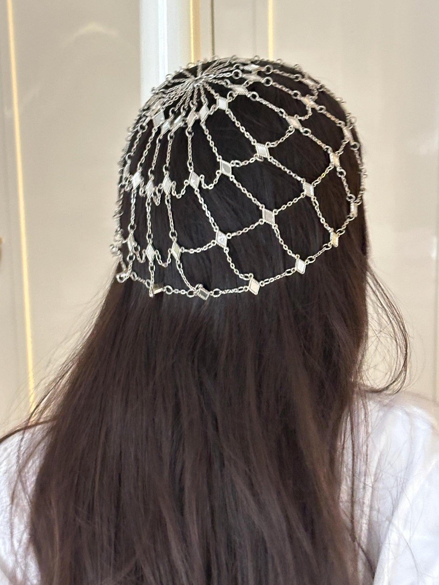 Silver Chain Headpiece – Festival Hair Net, Bridal Hair Cage