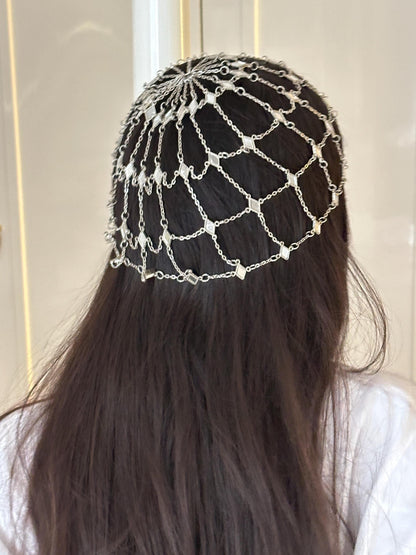 Silver Chain Headpiece – Festival Hair Net, Bridal Hair Cage
