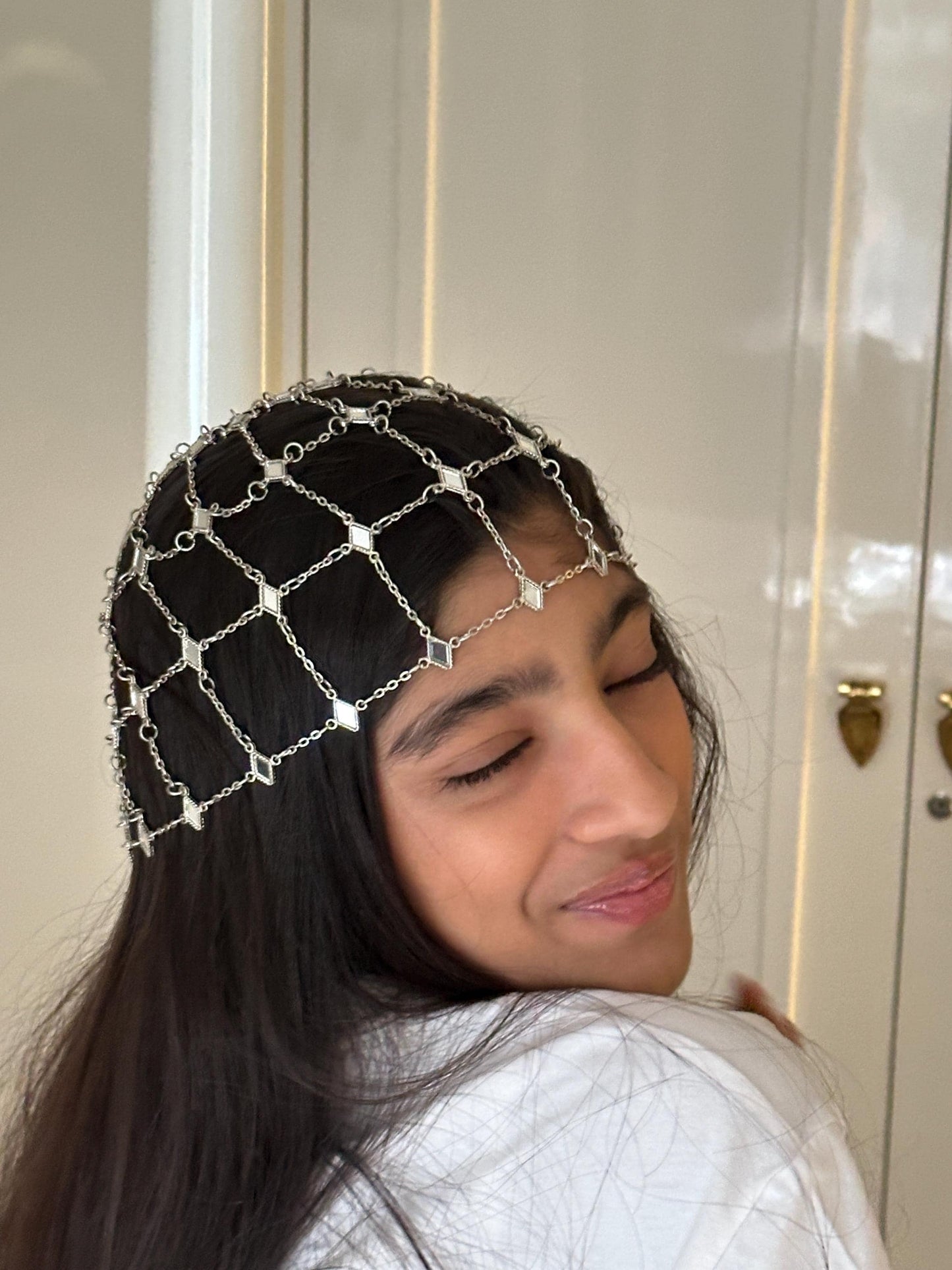 Silver Chain Headpiece – Festival Hair Net, Bridal Hair Cage