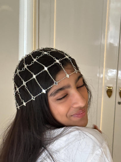 Silver Chain Headpiece – Festival Hair Net, Bridal Hair Cage