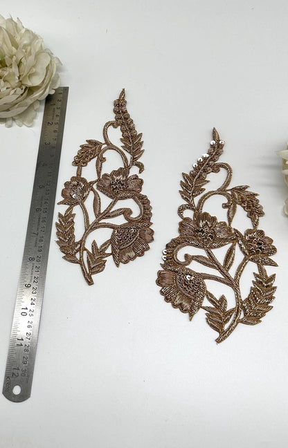 Gold Floral Zardozi Embroidery Patch Pair