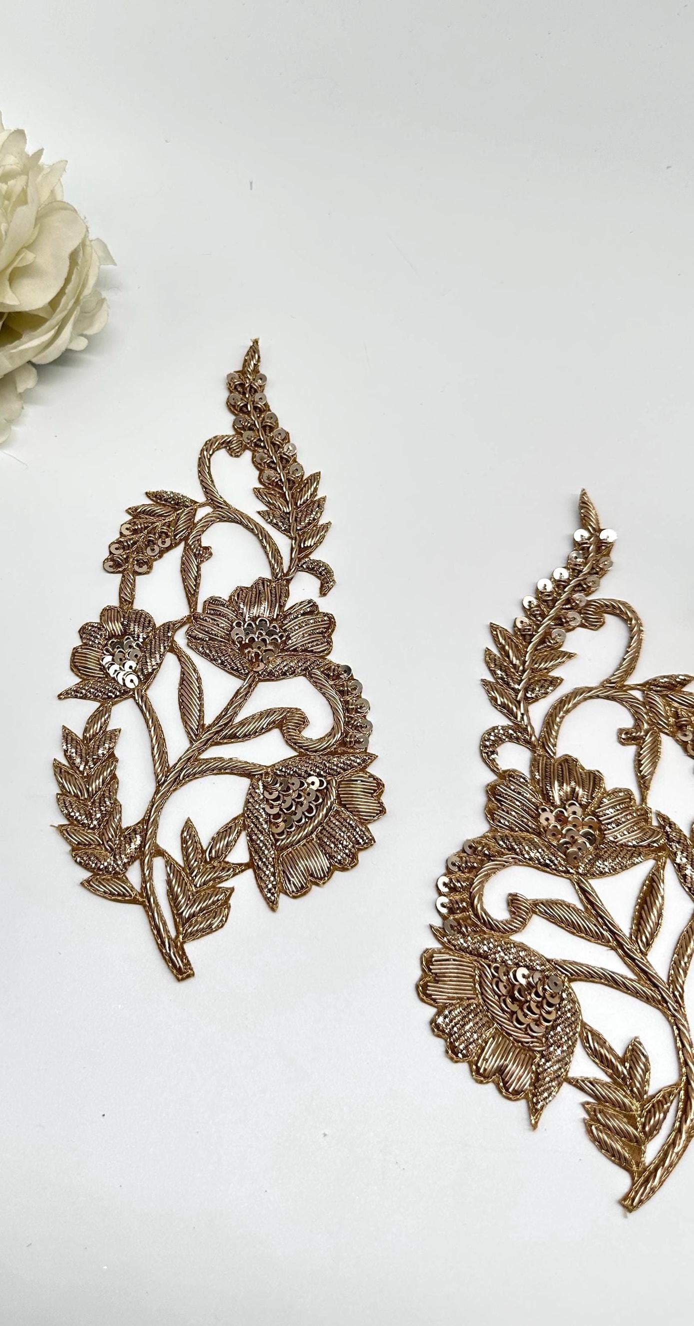 Gold Floral Zardozi Embroidery Patch Pair