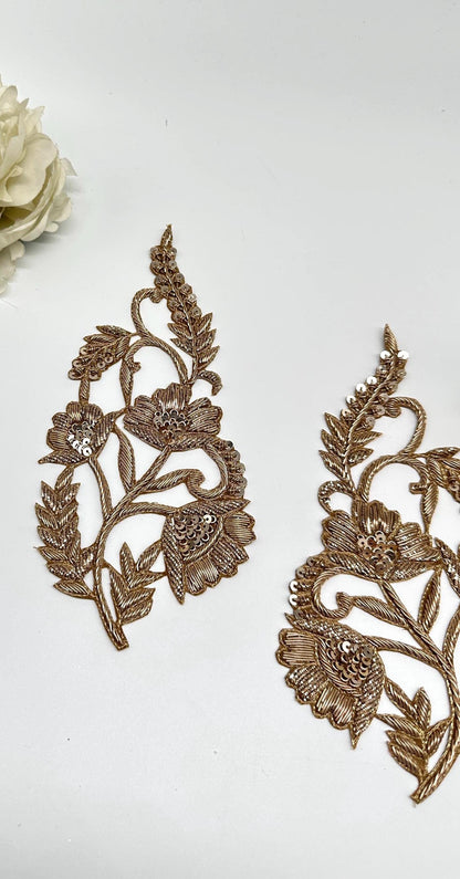 Gold Floral Zardozi Embroidery Patch Pair