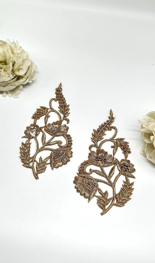 Gold Floral Zardozi Embroidery Patch Pair
