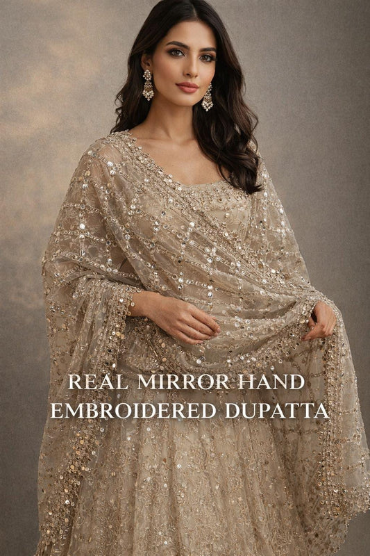 Real Mirror Work Jal Dupatta Hand Embroidered Net Dupatta