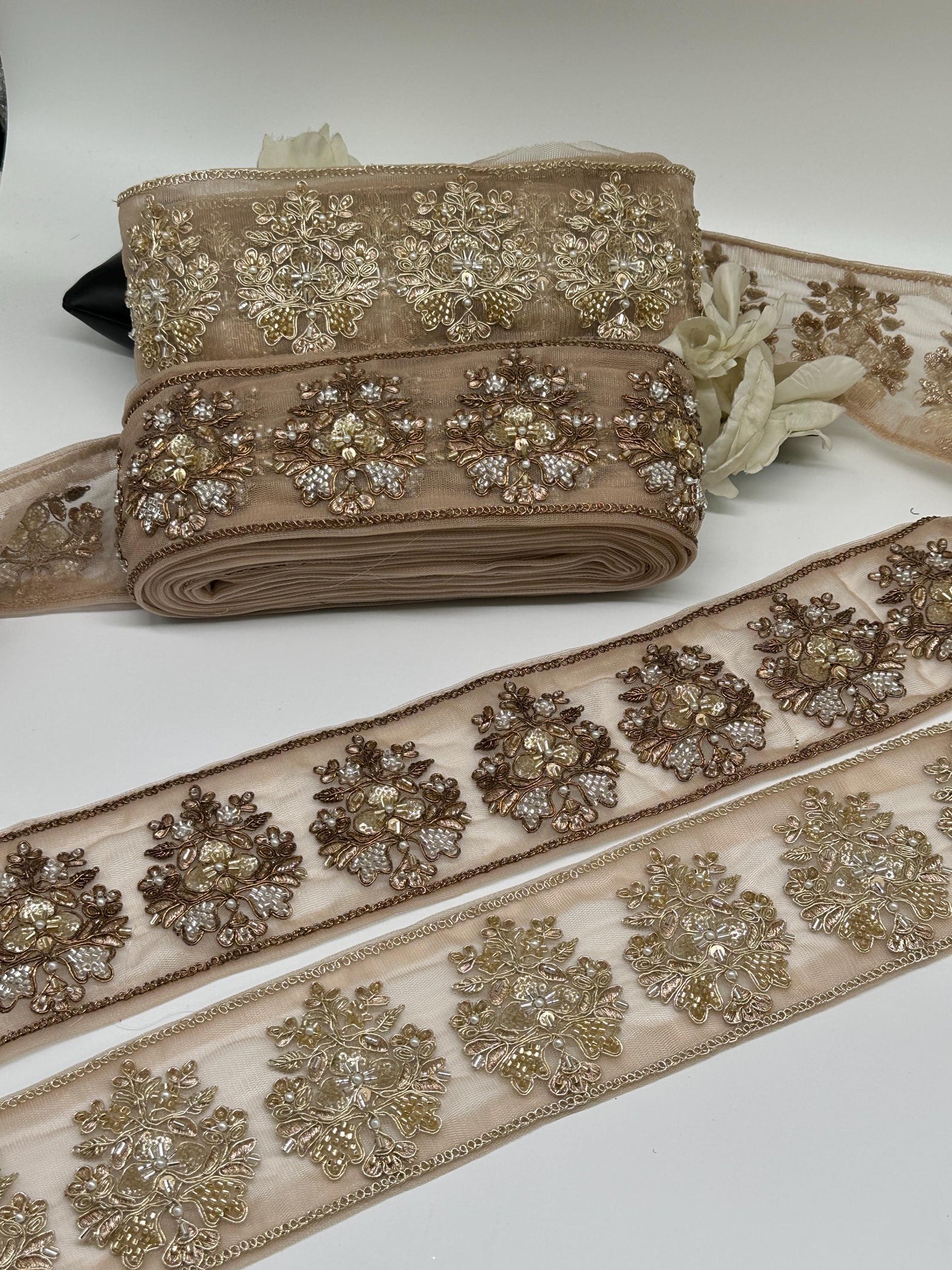 Hand Embroidered Gold Beaded Lace Trim