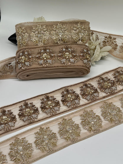 Hand Embroidered Gold Beaded Lace Trim