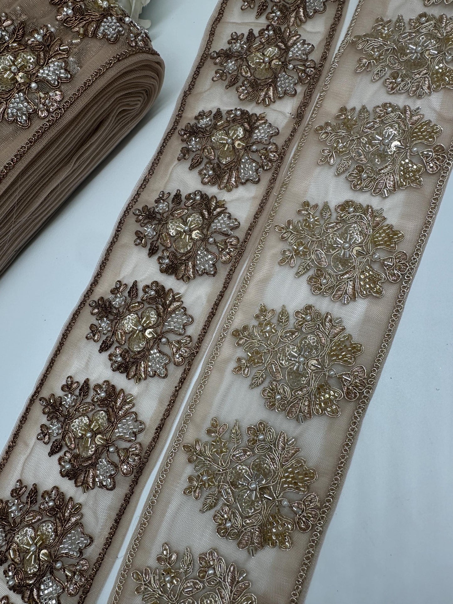 Hand Embroidered Gold Beaded Lace Trim