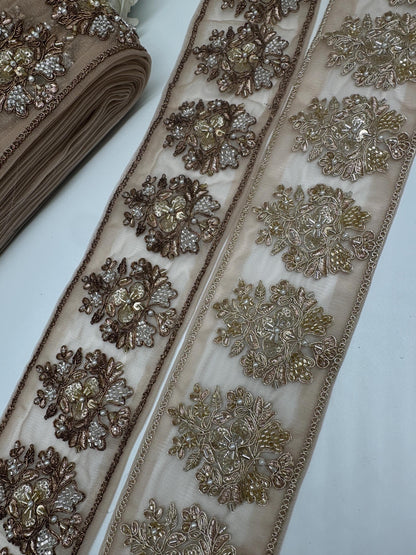 Hand Embroidered Gold Beaded Lace Trim