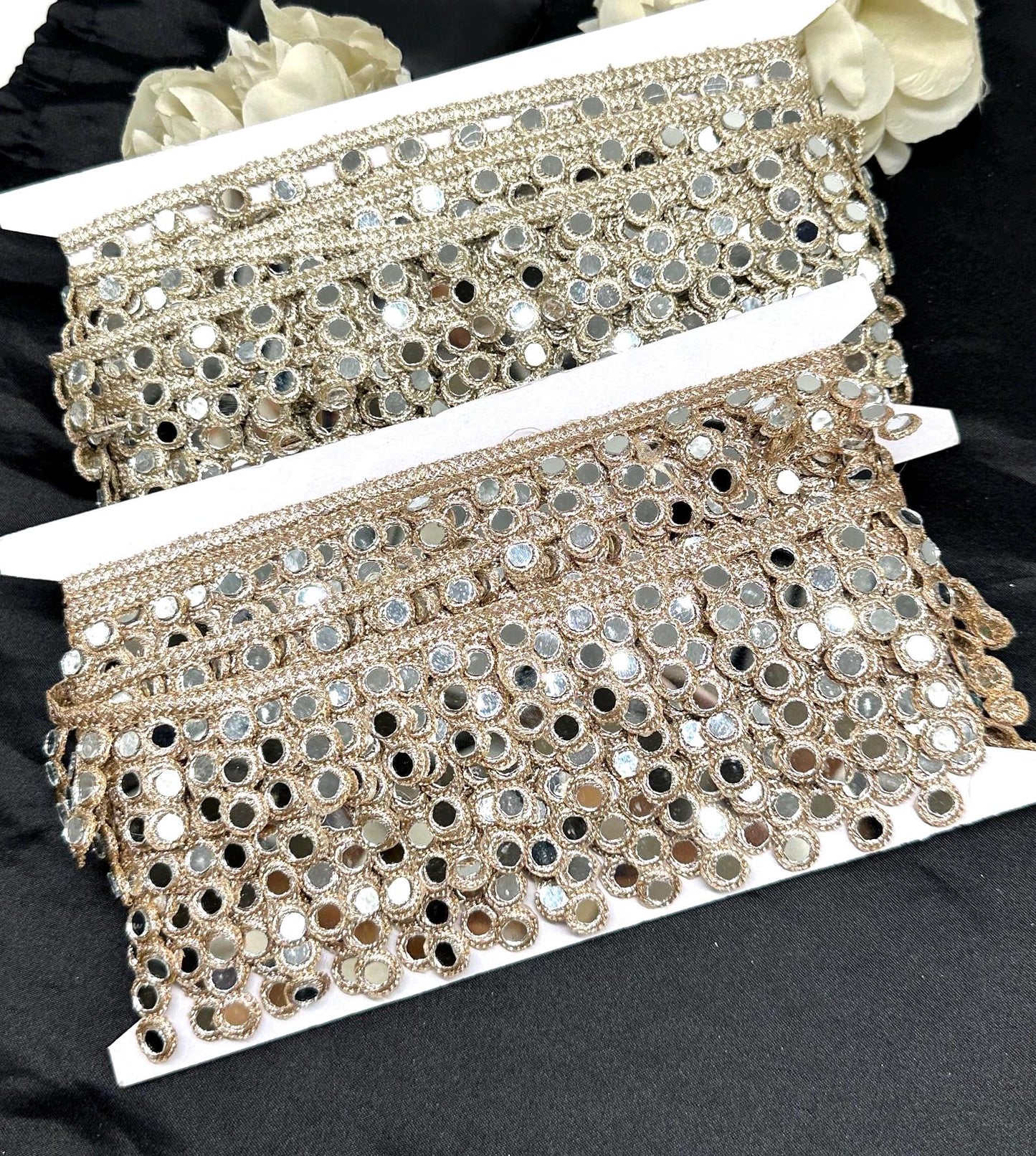 Hand Embroidered Gold Real Mirror Work Lace Trim