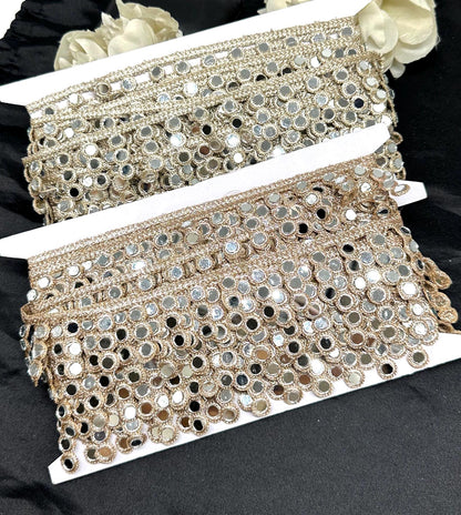 Hand Embroidered Gold Real Mirror Work Lace Trim