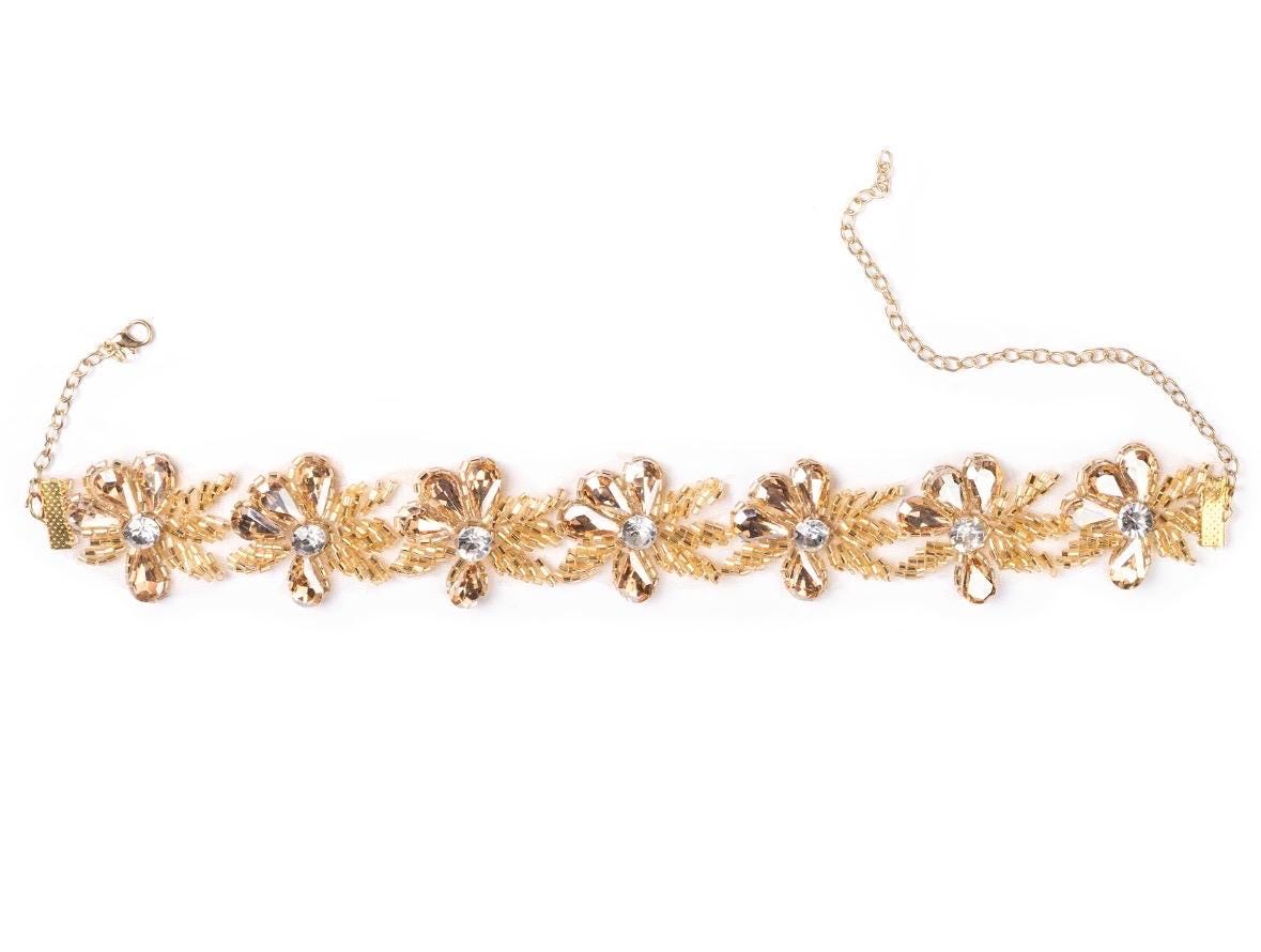 Gold Floral Crystal Choker Embroidered Necklace
