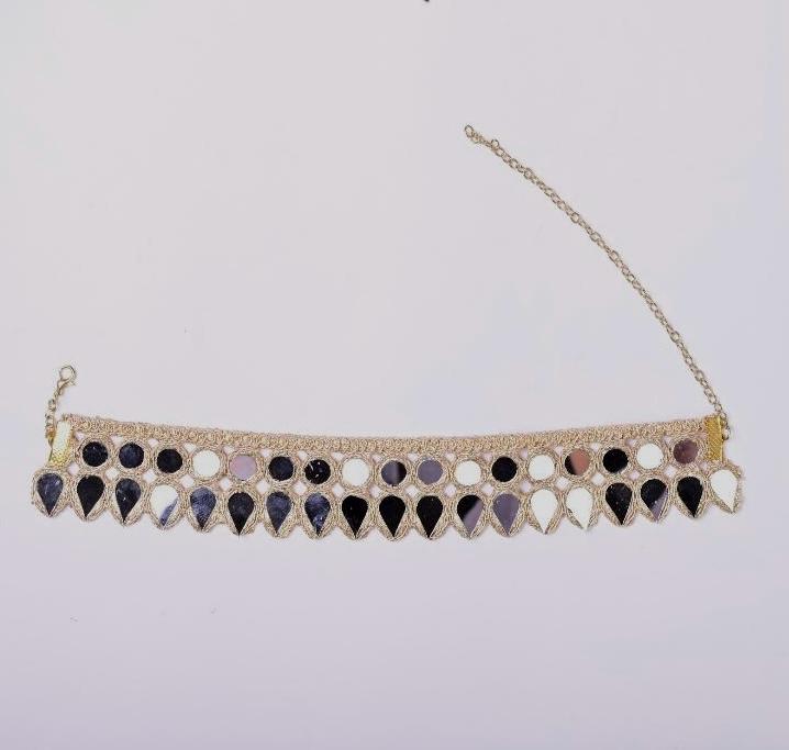 Handmade Mirror Choker Necklace Gold Embroidered