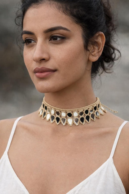 Handmade Mirror Choker Necklace Gold Embroidered