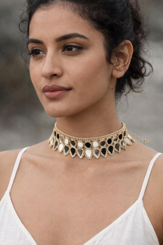 Handmade Mirror Choker Necklace Gold Embroidered