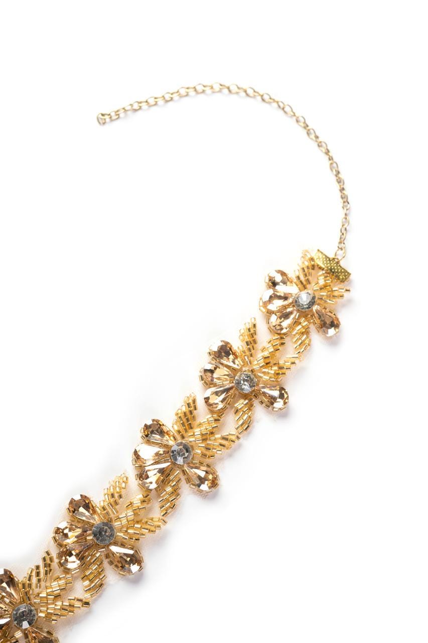 Gold Floral Crystal Choker Embroidered Necklace