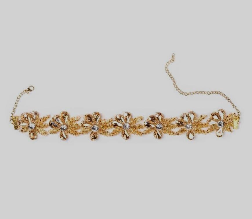 Gold Floral Crystal Choker Embroidered Necklace