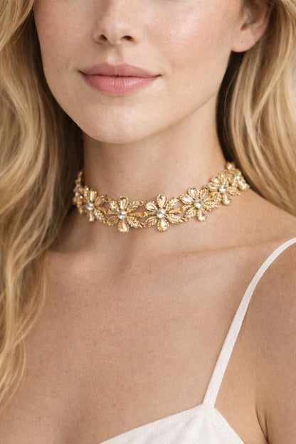 Gold Floral Crystal Choker Embroidered Necklace