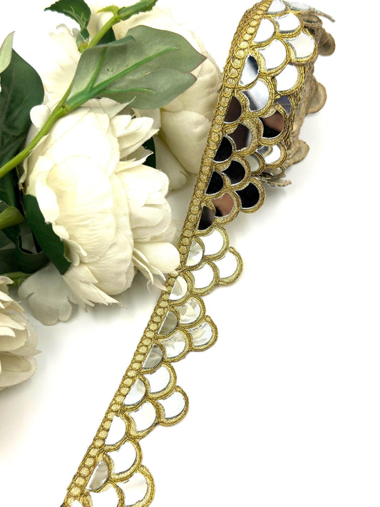 Gold Mirror Work Lace Trim  Scalloped Edge Gota Patti Border