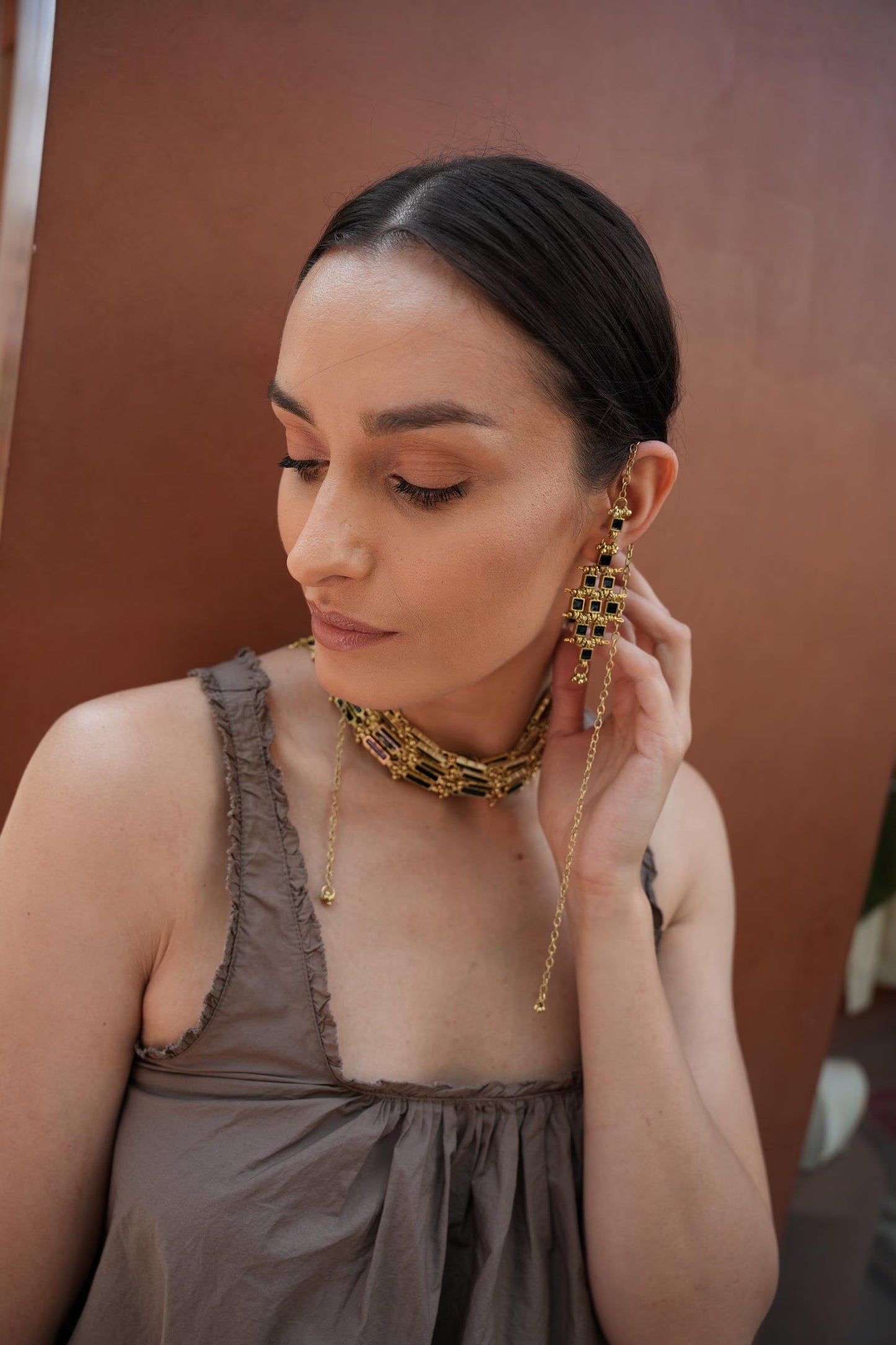 Statement Gold Ear Cuff Earring with Long Chain Black