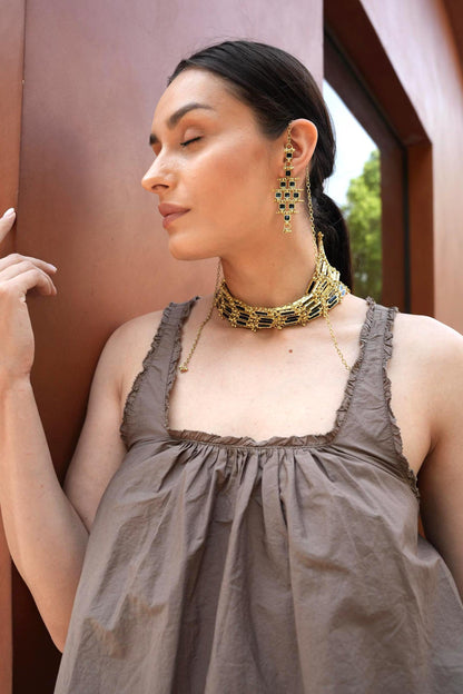 Statement Gold Ear Cuff Earring with Long Chain Black