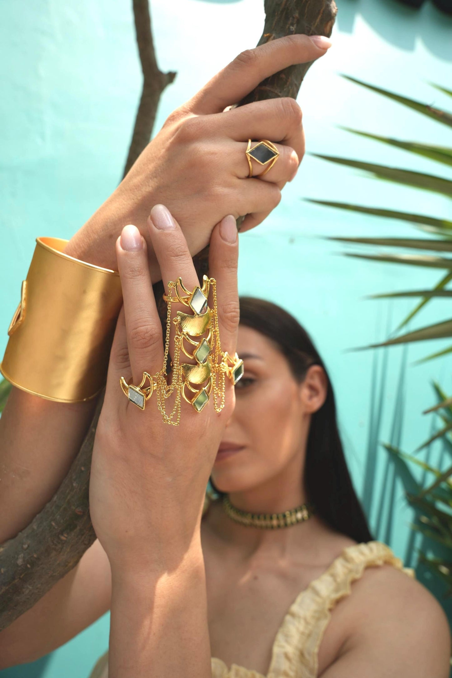 Gold Statement Hand Chain Ring Mirror Bracelet