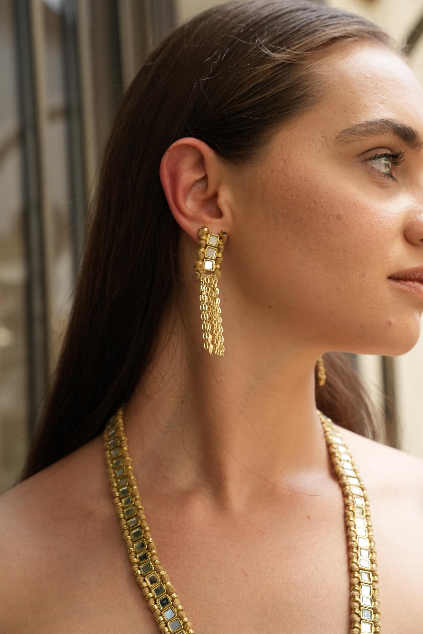 Mirror Necklace & Earrings Set, Gold Statement Jewelry Set