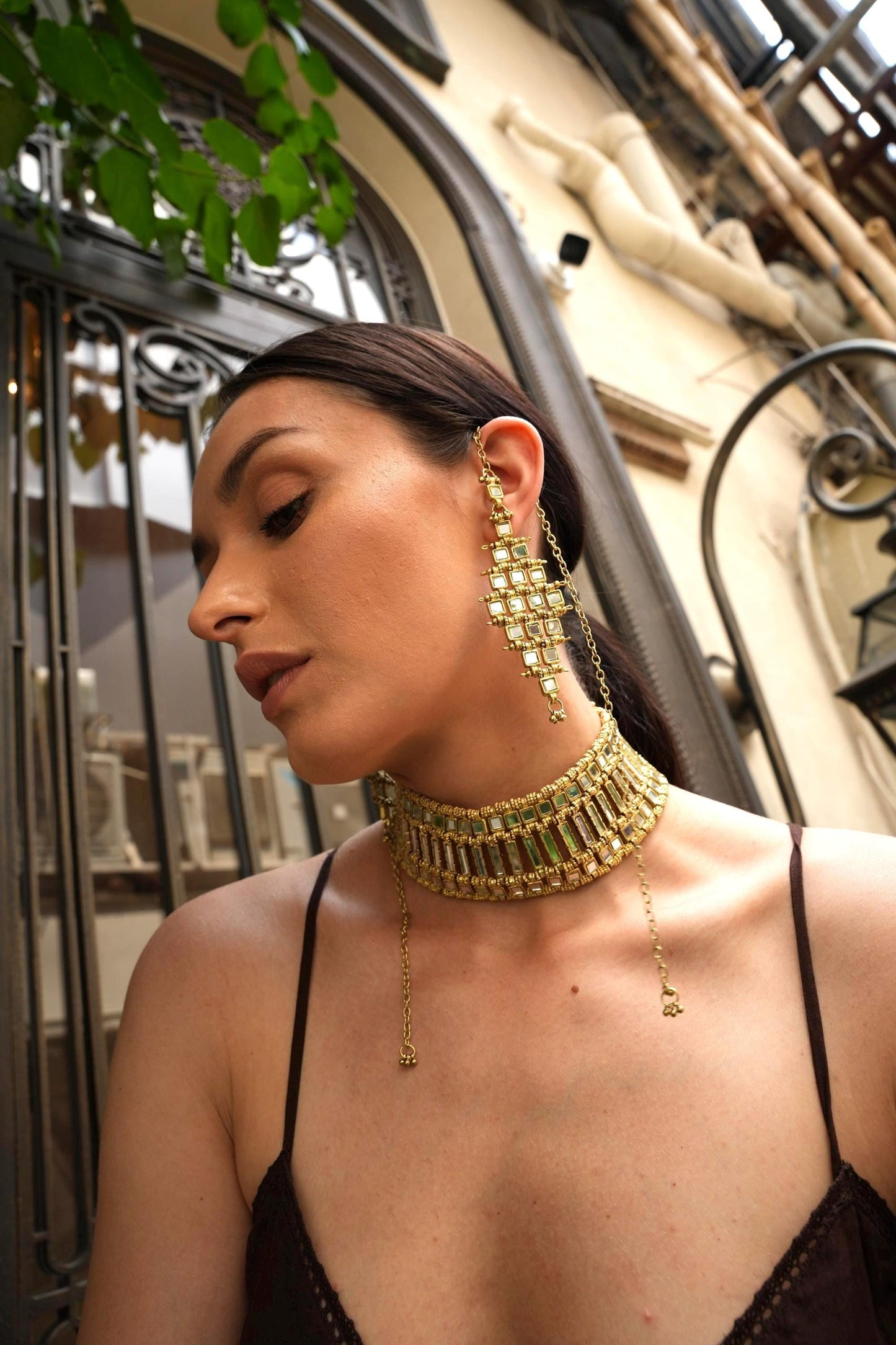 Gold Mirror Earrings Statement Jewelry Set Handmade Mirror Work Choker Bridal Festive Jewelry Boho Luxe Set Gift