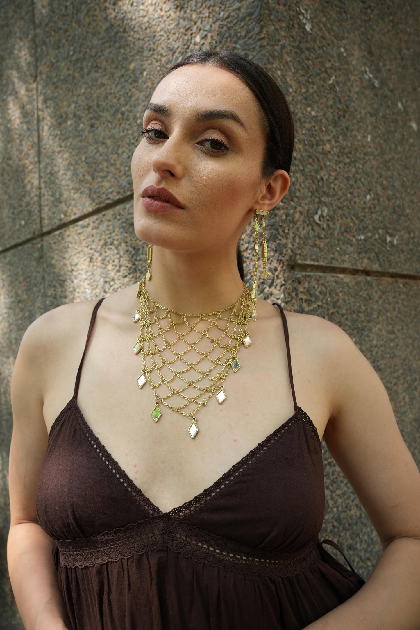 Statement Mirror Choker Necklace Layered Gold