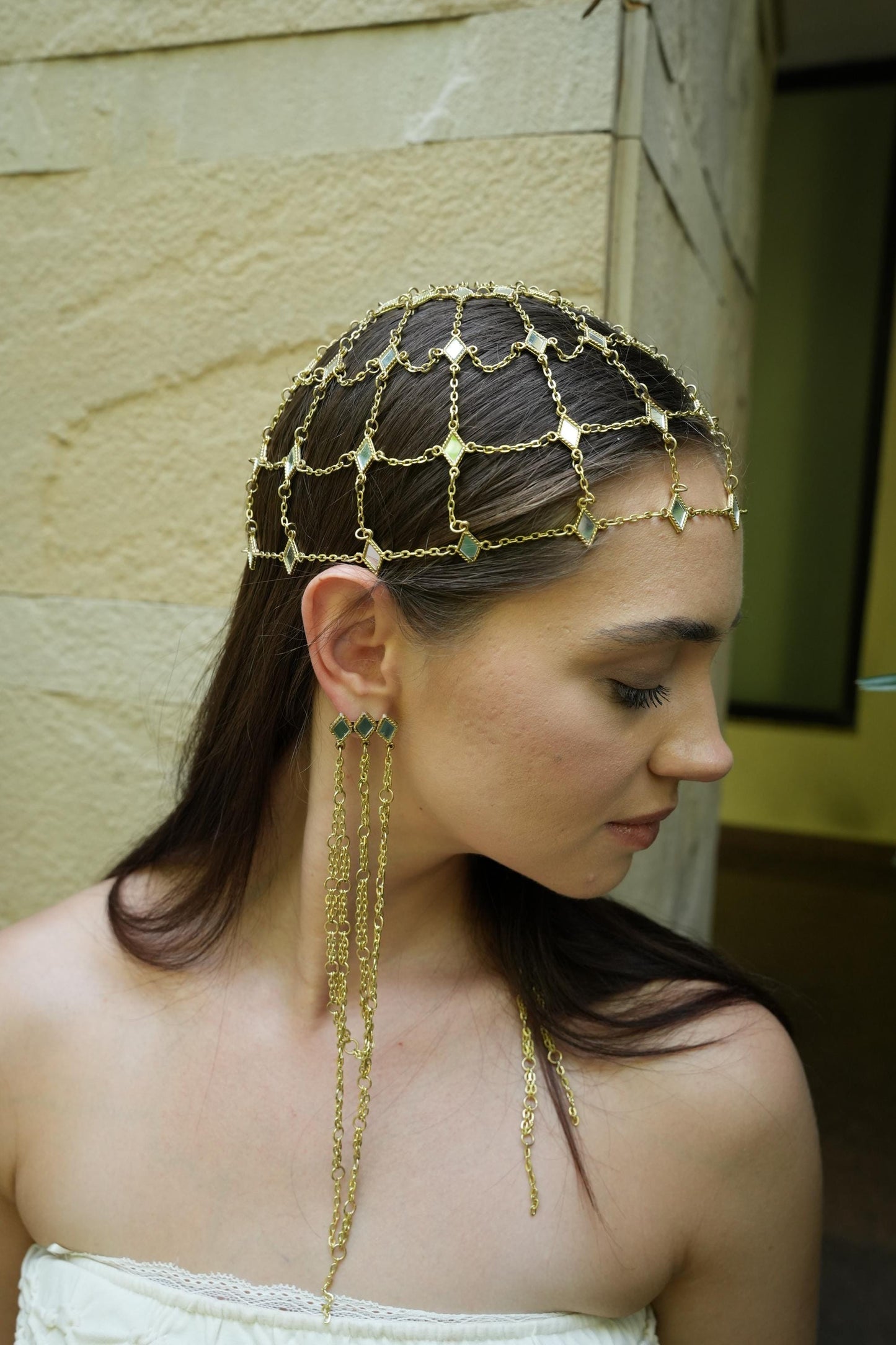 Gold Chain Drape Earring Statement Shoulder Grazing Earring