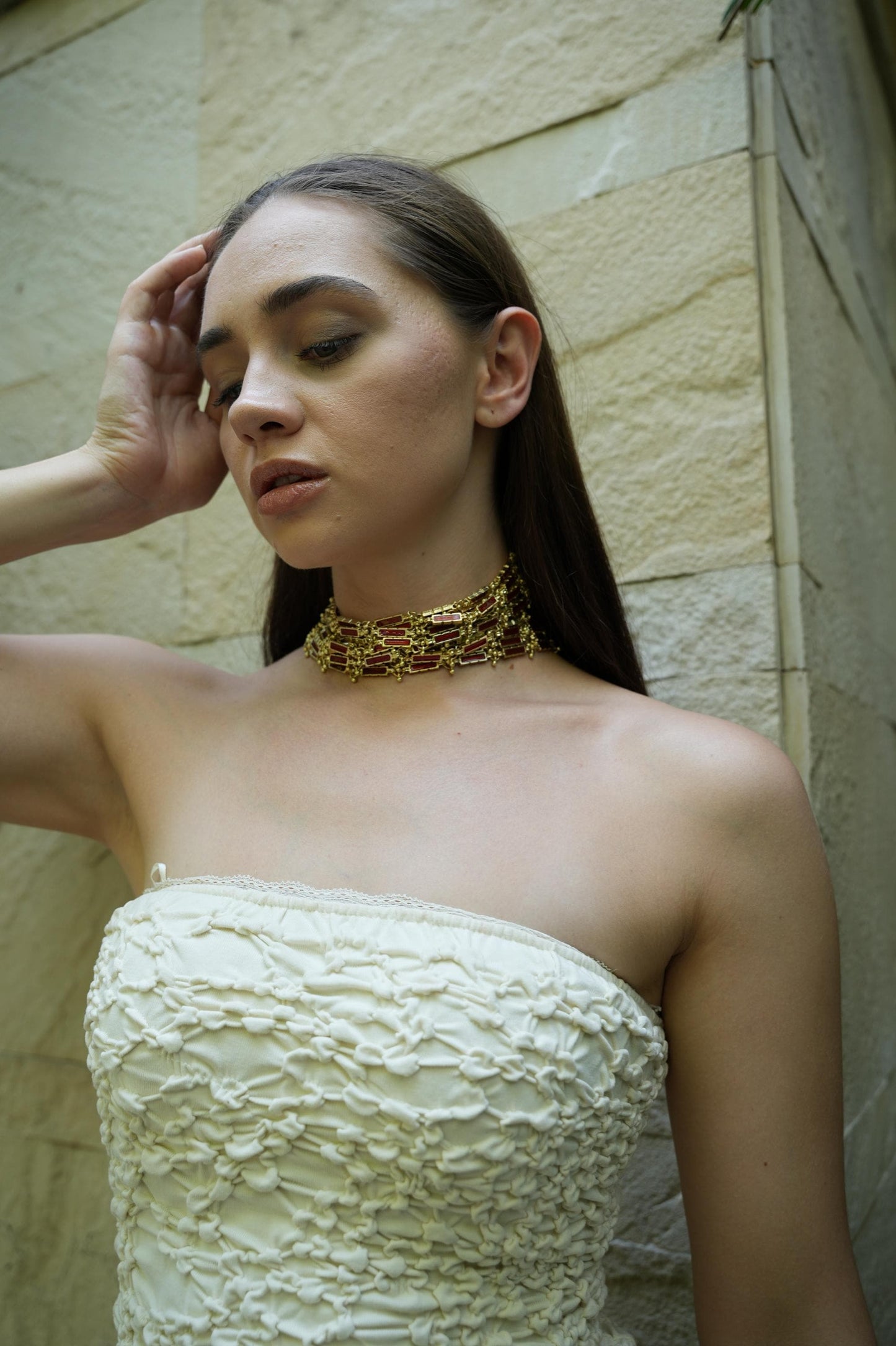 Gold Red Choker Necklace & Waist Belt Set