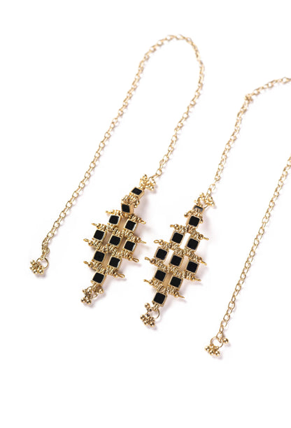 Statement Gold Ear Cuff Earring with Long Chain Black