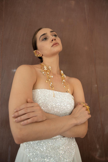 Gold Statement Jewelry Set Choker Necklace Ear Cuff Hand Chain Ring