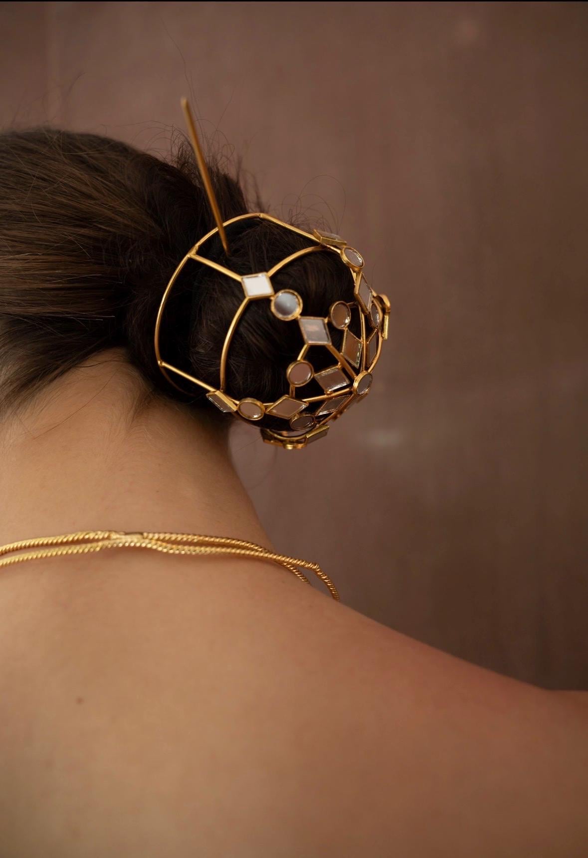 Gold Hair Bun Cage Bridal Bun Holder Statement Hair Jewelry