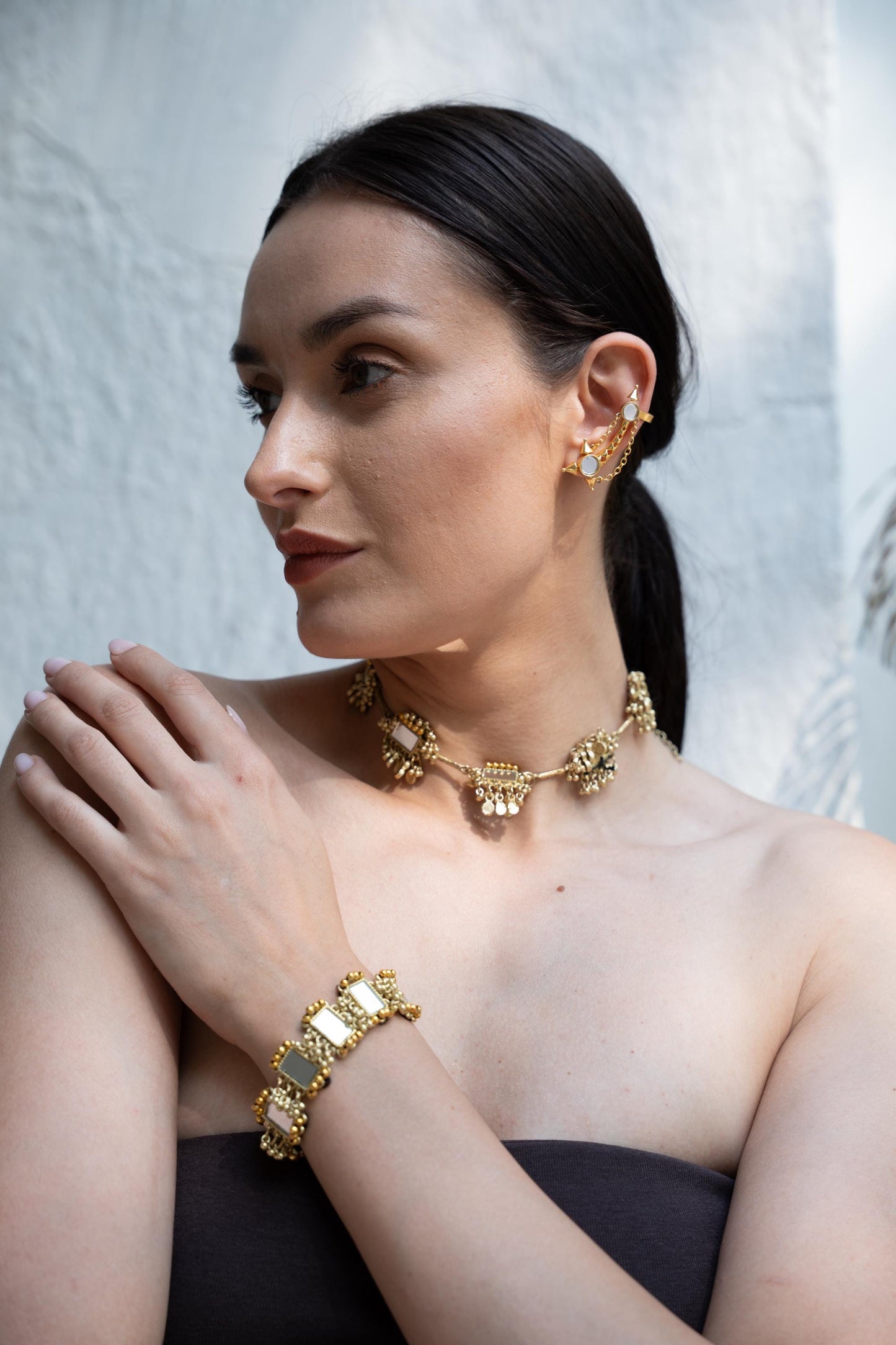 Mirror Work Statement Choker Necklace Gold Coin Fringe Bracelet Set