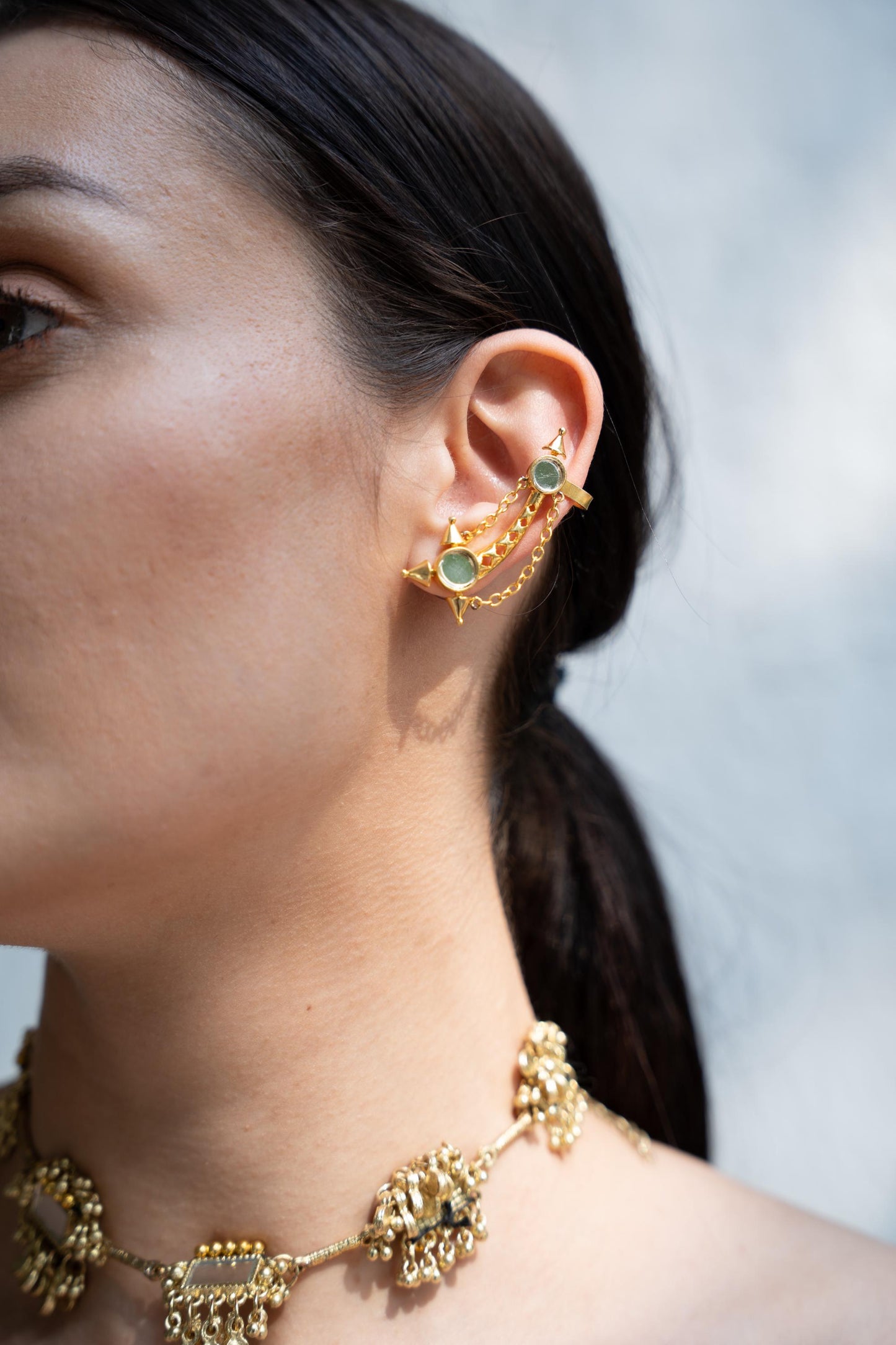 Gold Ear Cuff Earring with Chain Piercing Ear Wrap
