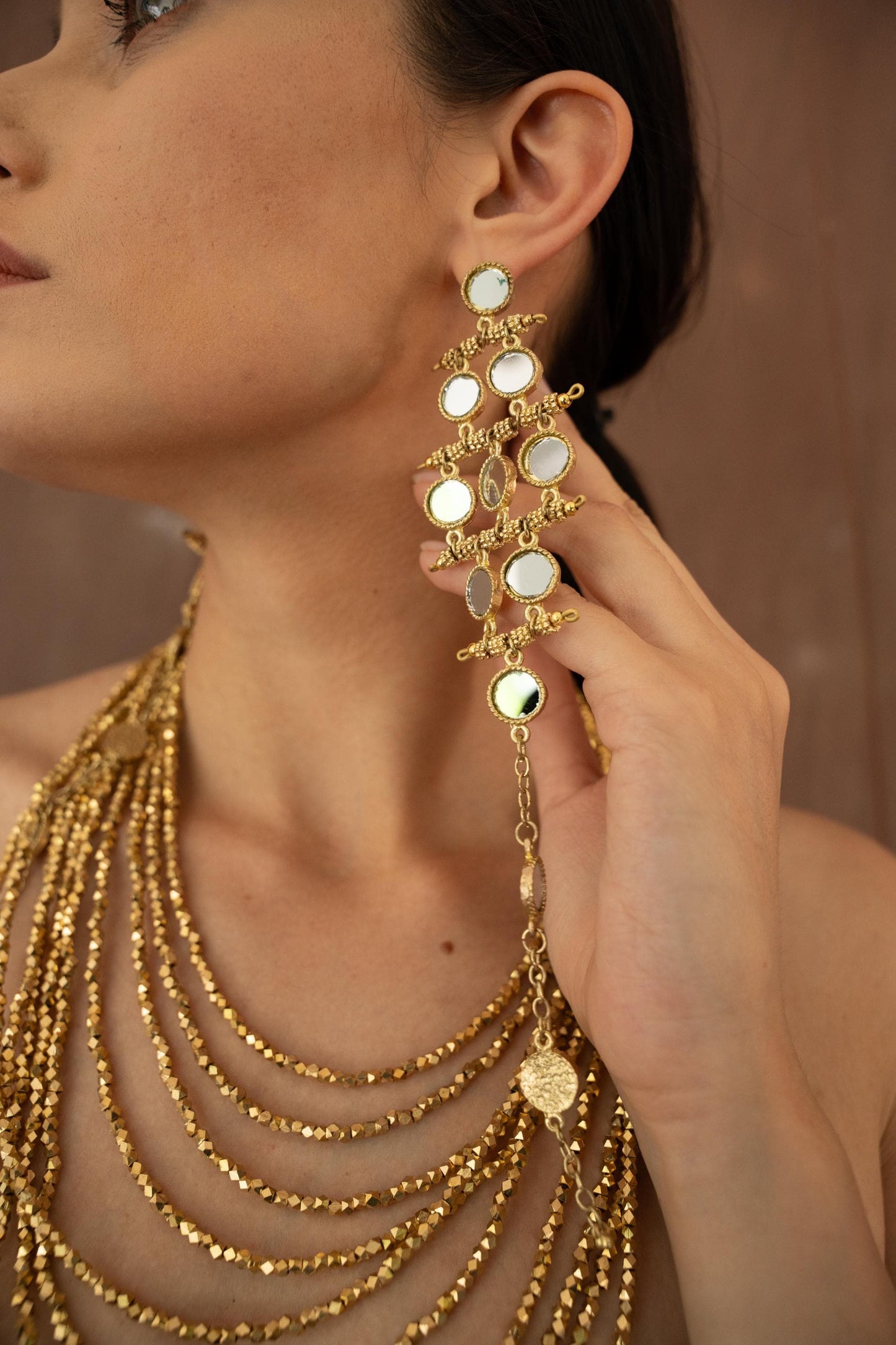 Gold Mirror Statement Jewelry Set Long Chandelier Earrings