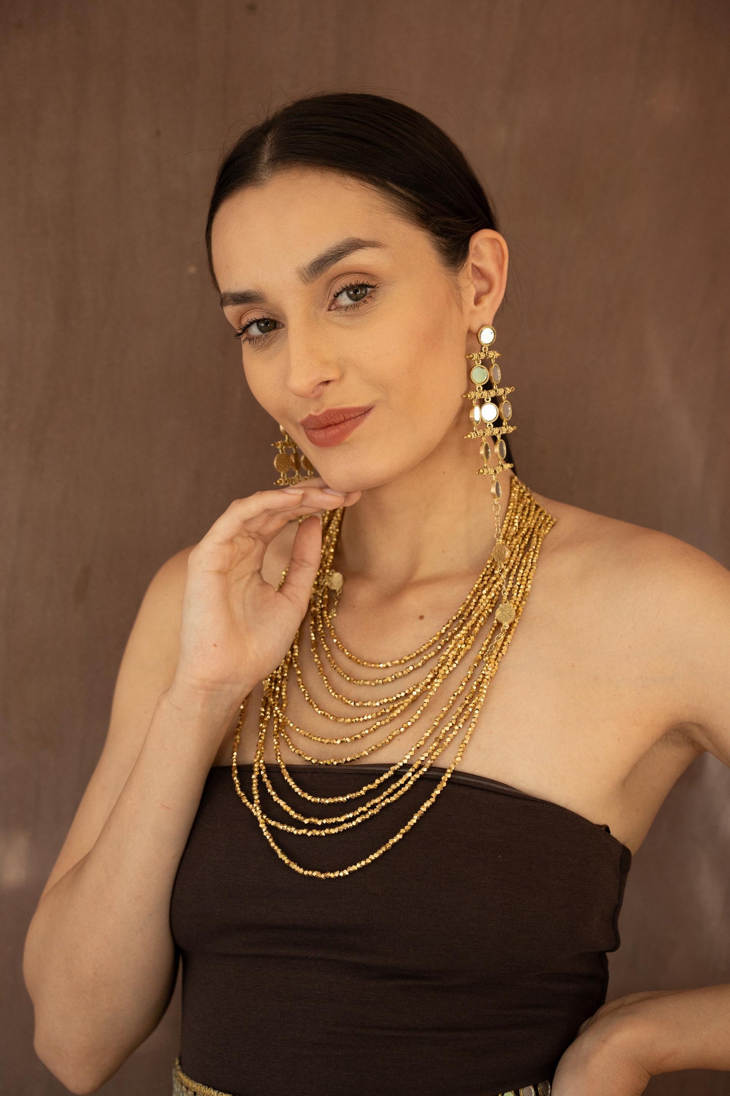 Gold Mirror Statement Jewelry Set Long Chandelier Earrings