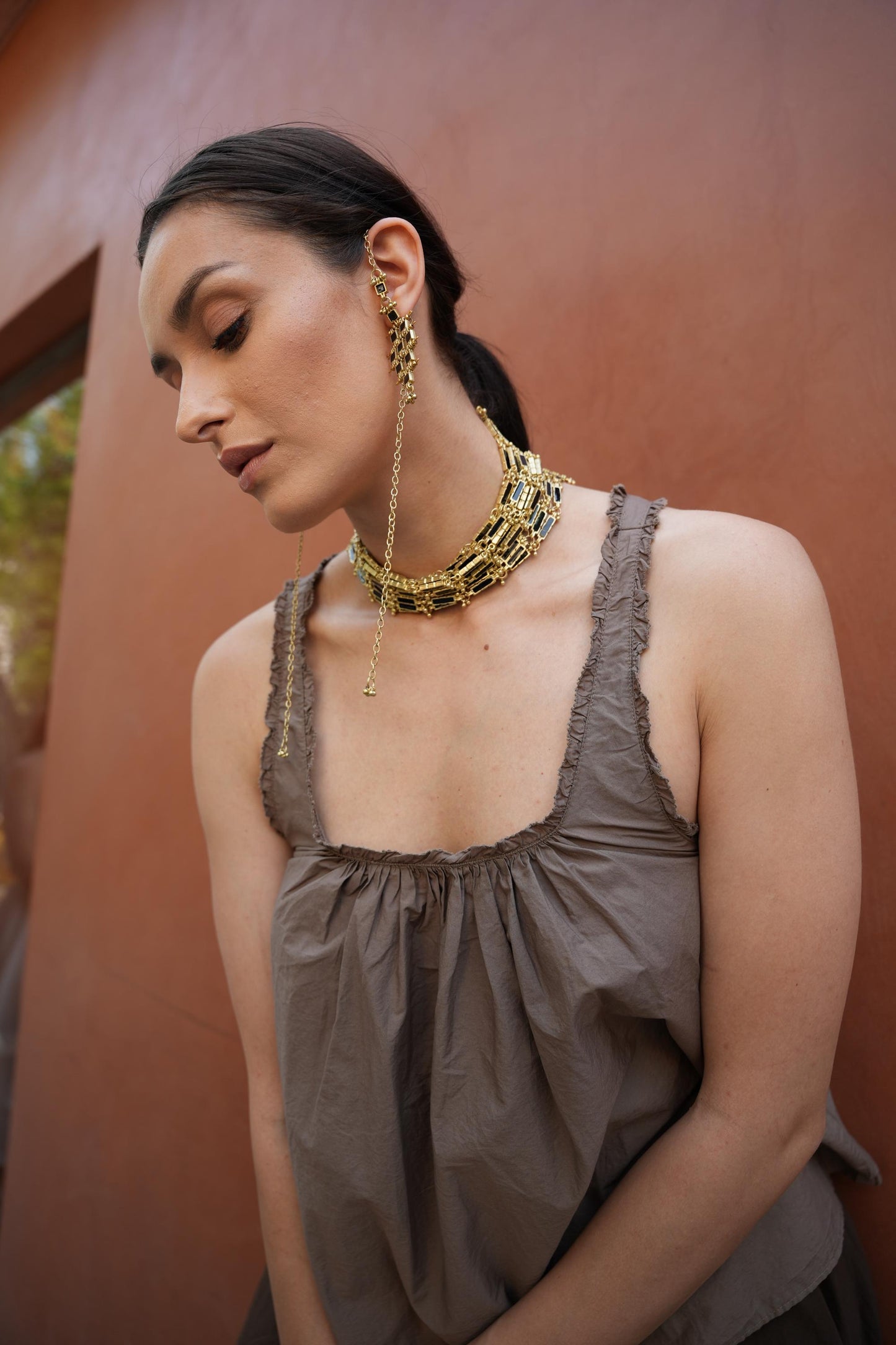 Statement Gold Ear Cuff Earring with Long Chain Black