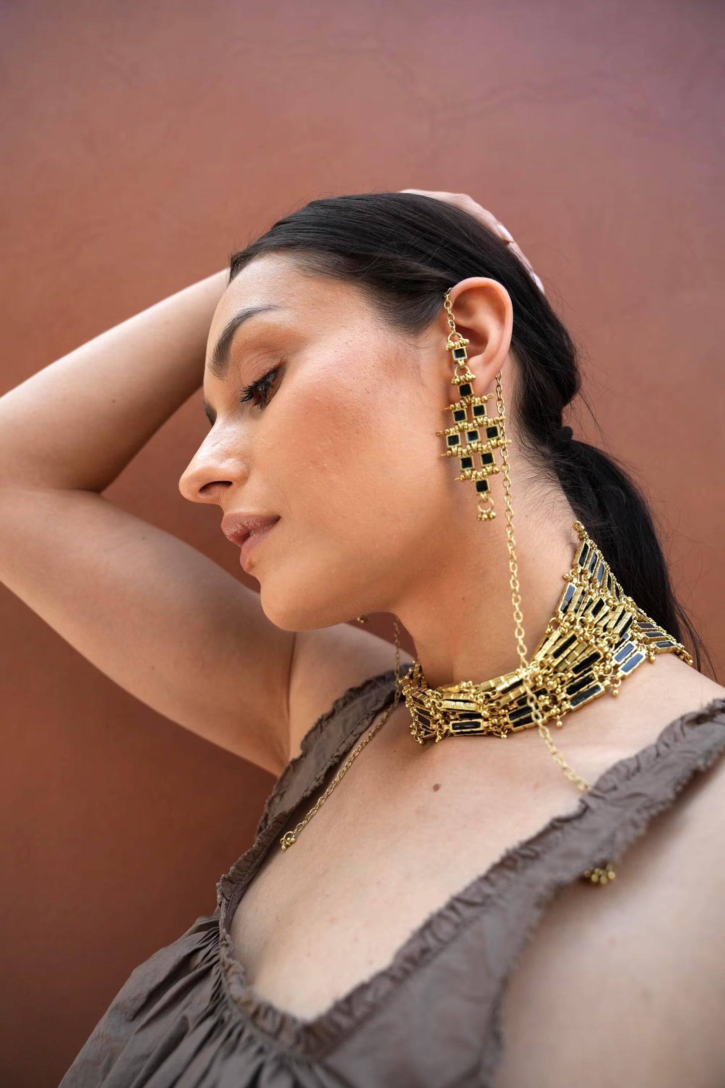 Statement Gold Ear Cuff Earring with Long Chain Black