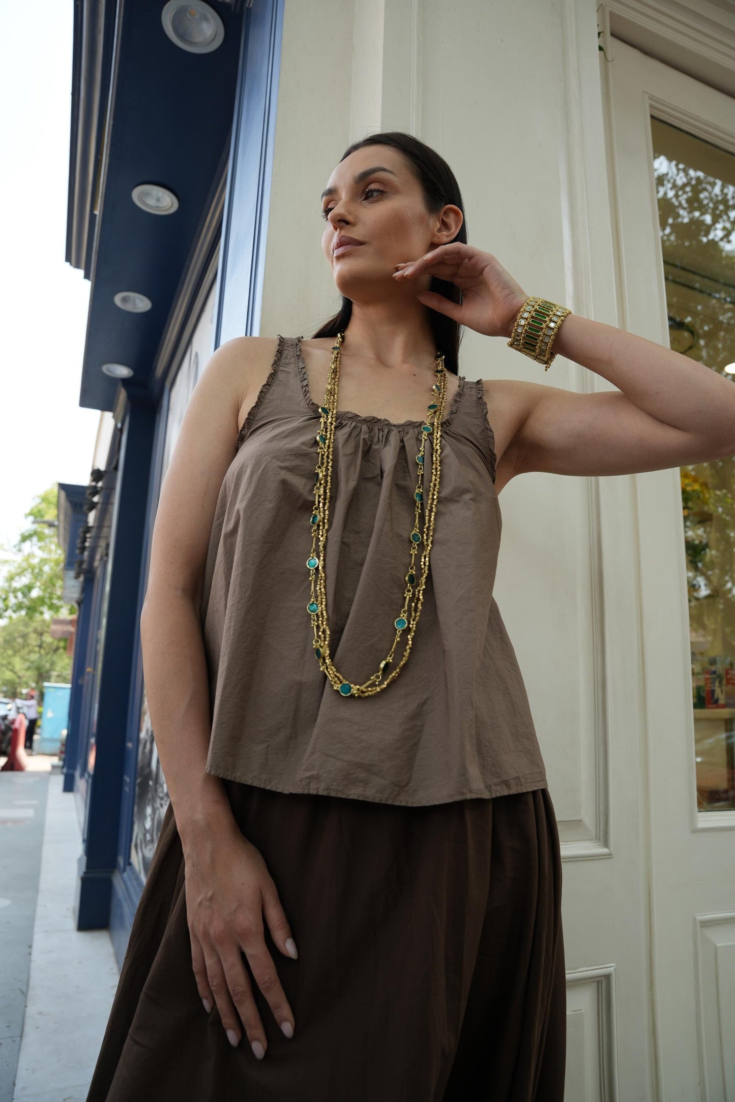 Gold Plated Enamel Layered Necklace Teal Stone Chain