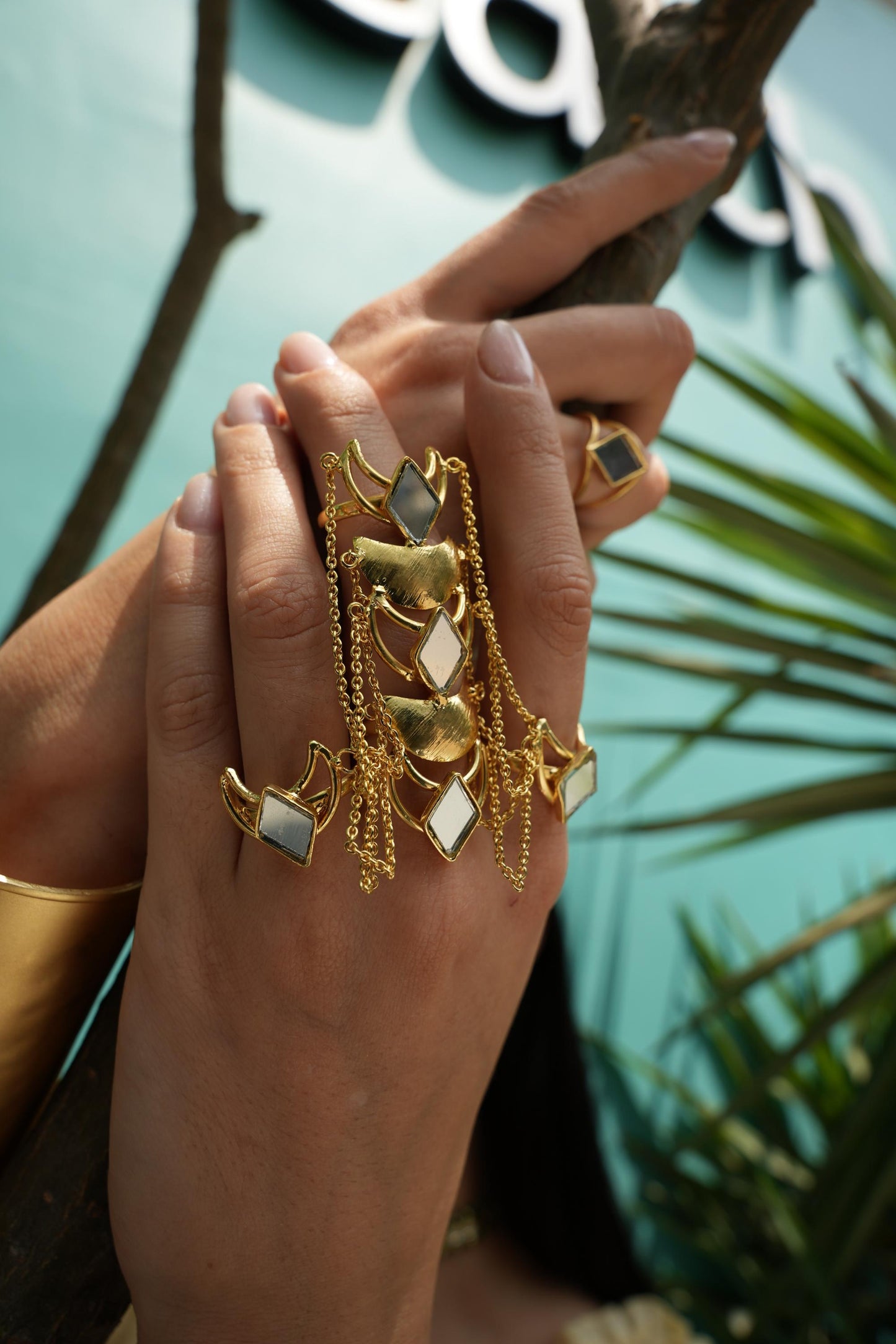 Gold Statement Hand Chain Ring Mirror Bracelet