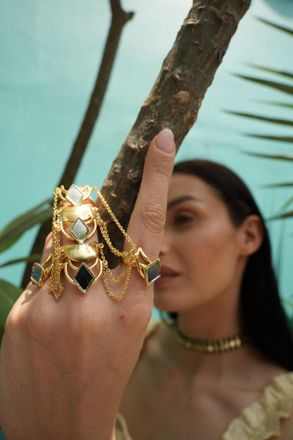 Gold Statement Hand Chain Ring Mirror Bracelet