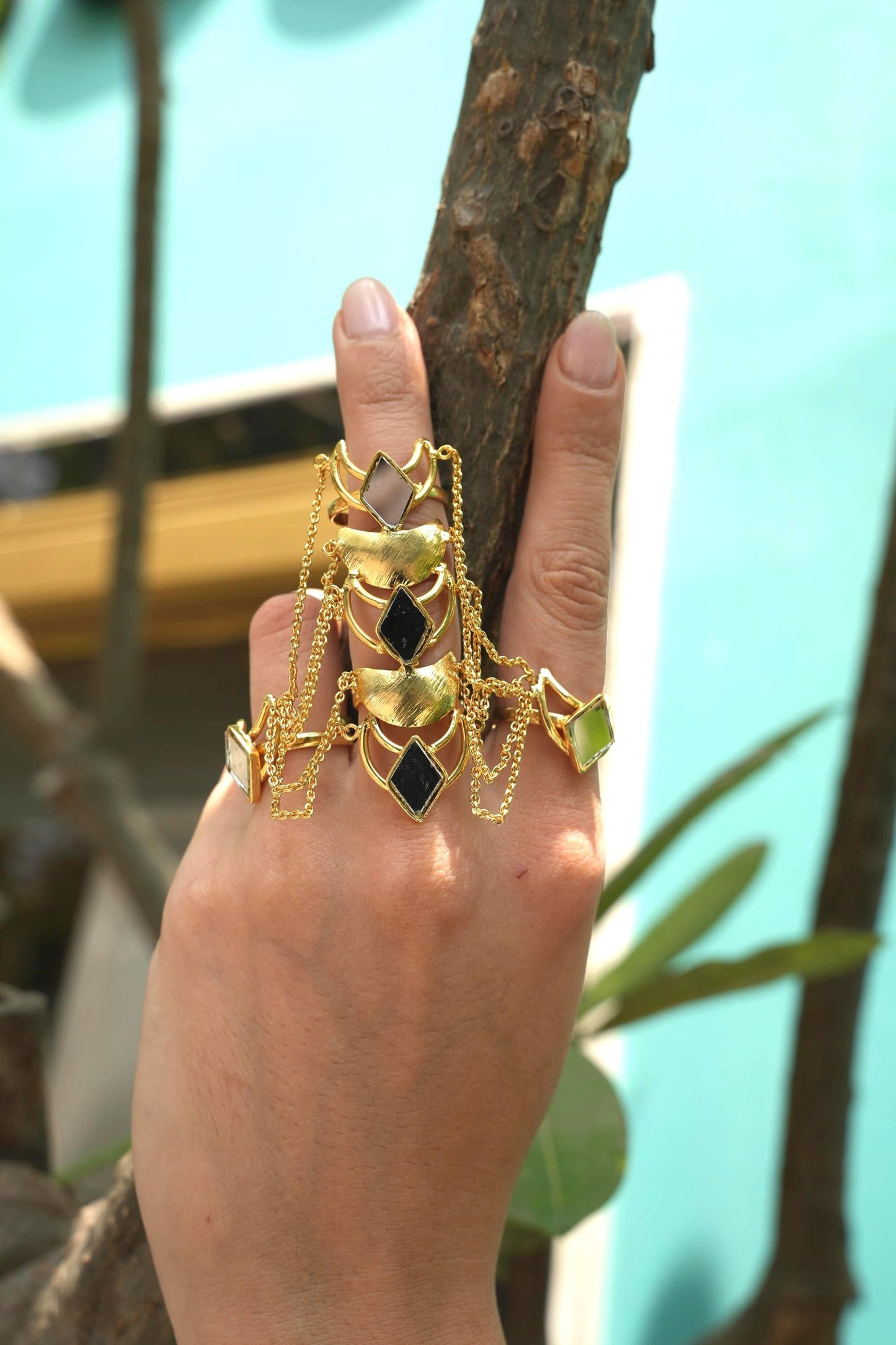 Gold Statement Hand Chain Ring Mirror Bracelet