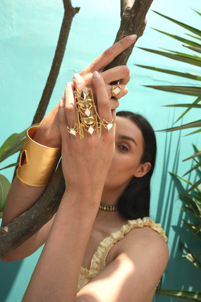 Gold Statement Hand Chain Ring Mirror Bracelet