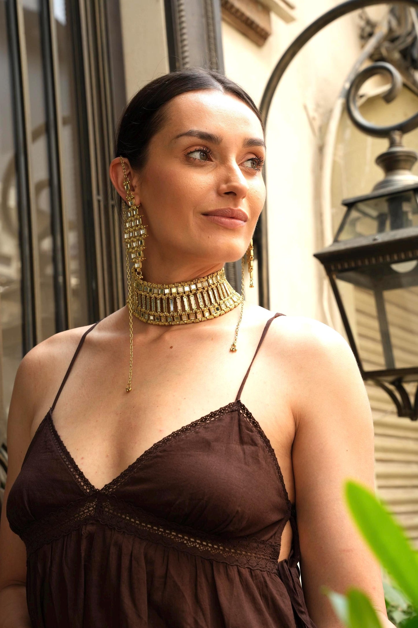 Gold Mirror Earrings Statement Jewelry Set Handmade Mirror Work Choker Bridal Festive Jewelry Boho Luxe Set Gift