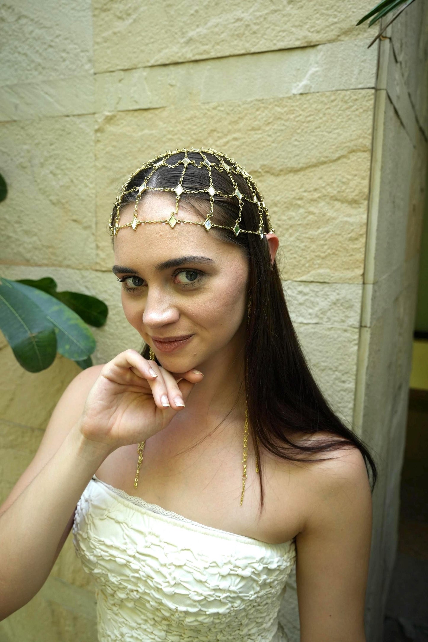 Gold Chain Headpiece & Statement Earrings Set