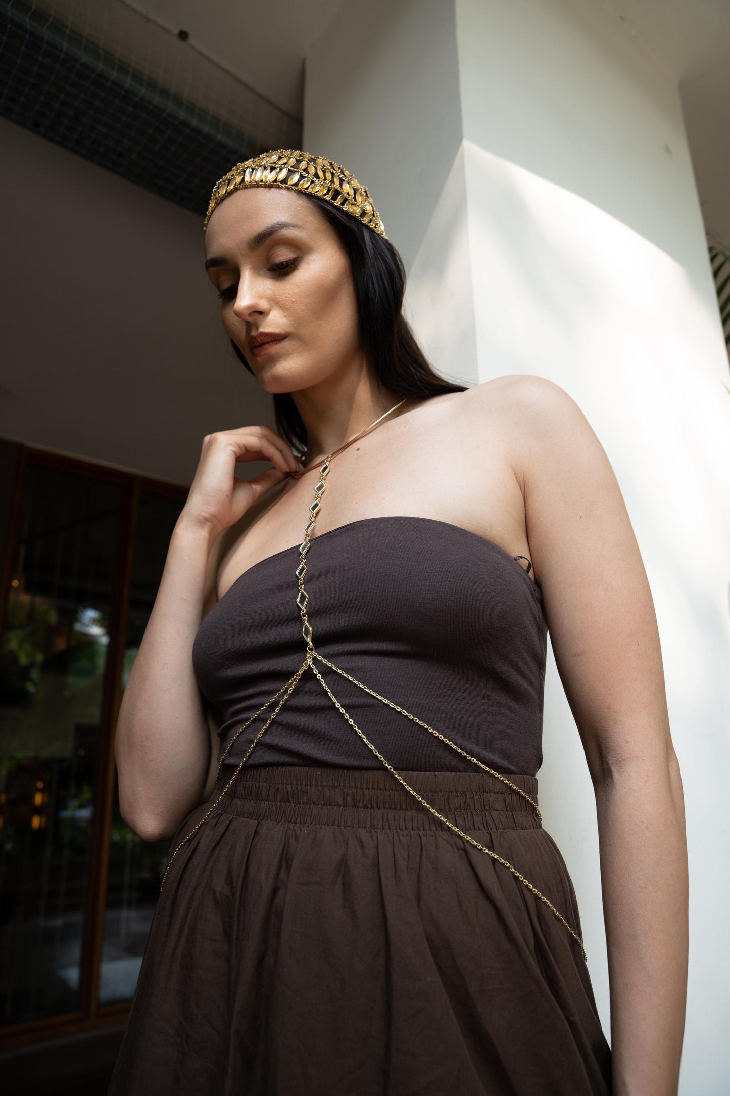 Gold Body Chain Jewelry Set with Beaded Headpiece