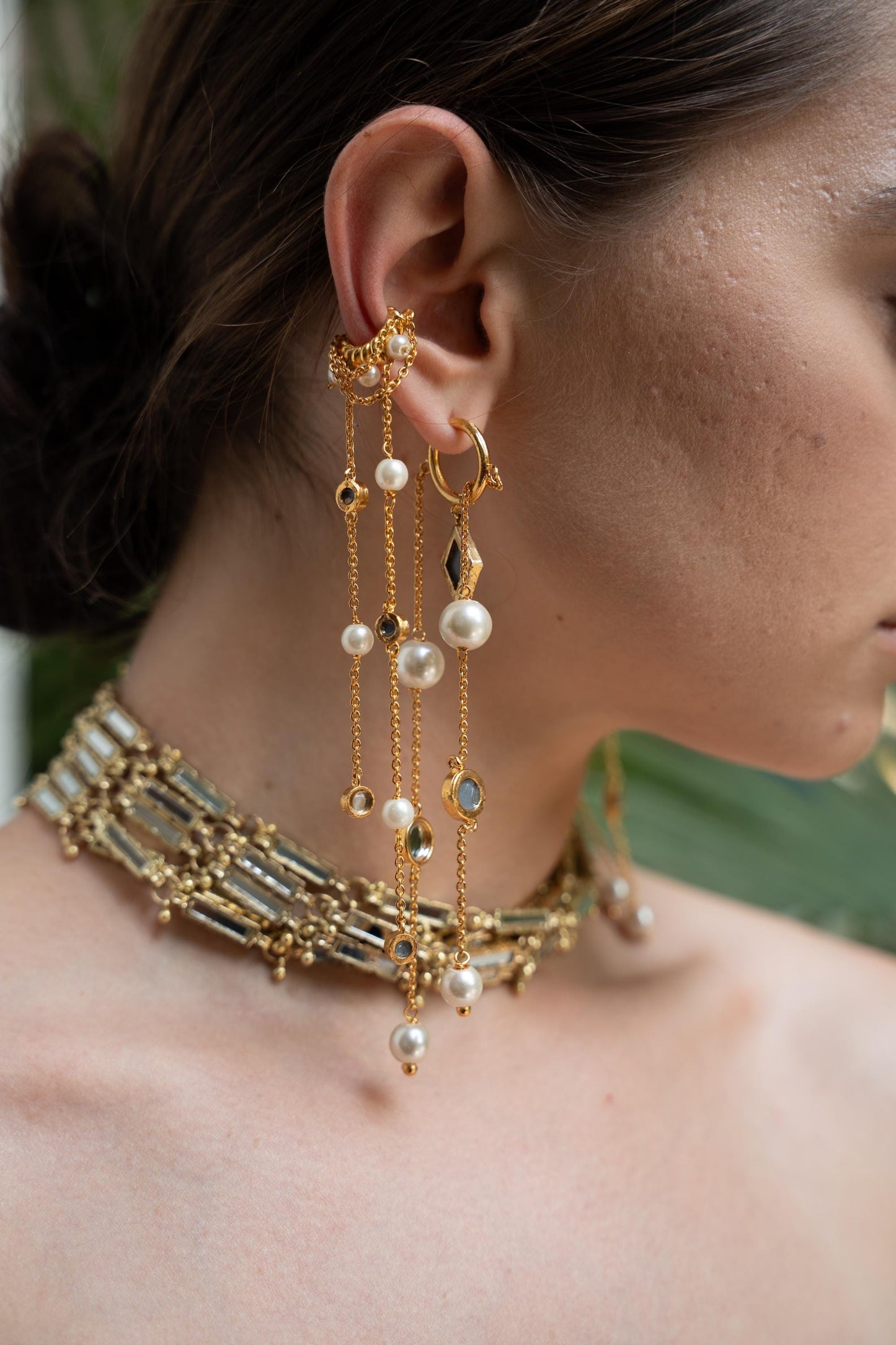 Gold Ear Cuff & Hoop Earring Set Pearl Chain Dangle Earring
