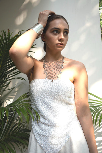 Statement Necklace and Cuff Set Silver Layered Chain Necklace